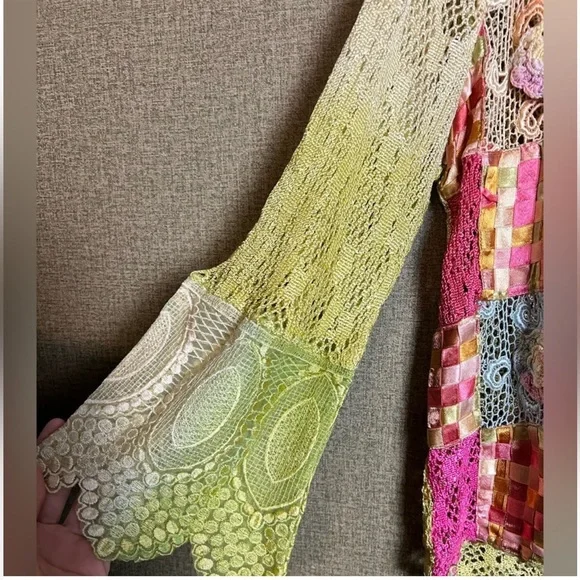 Parsley And Sage Women's Sweater Crochet Ribbon Open Front pink yellow green - Picture 3 of 9